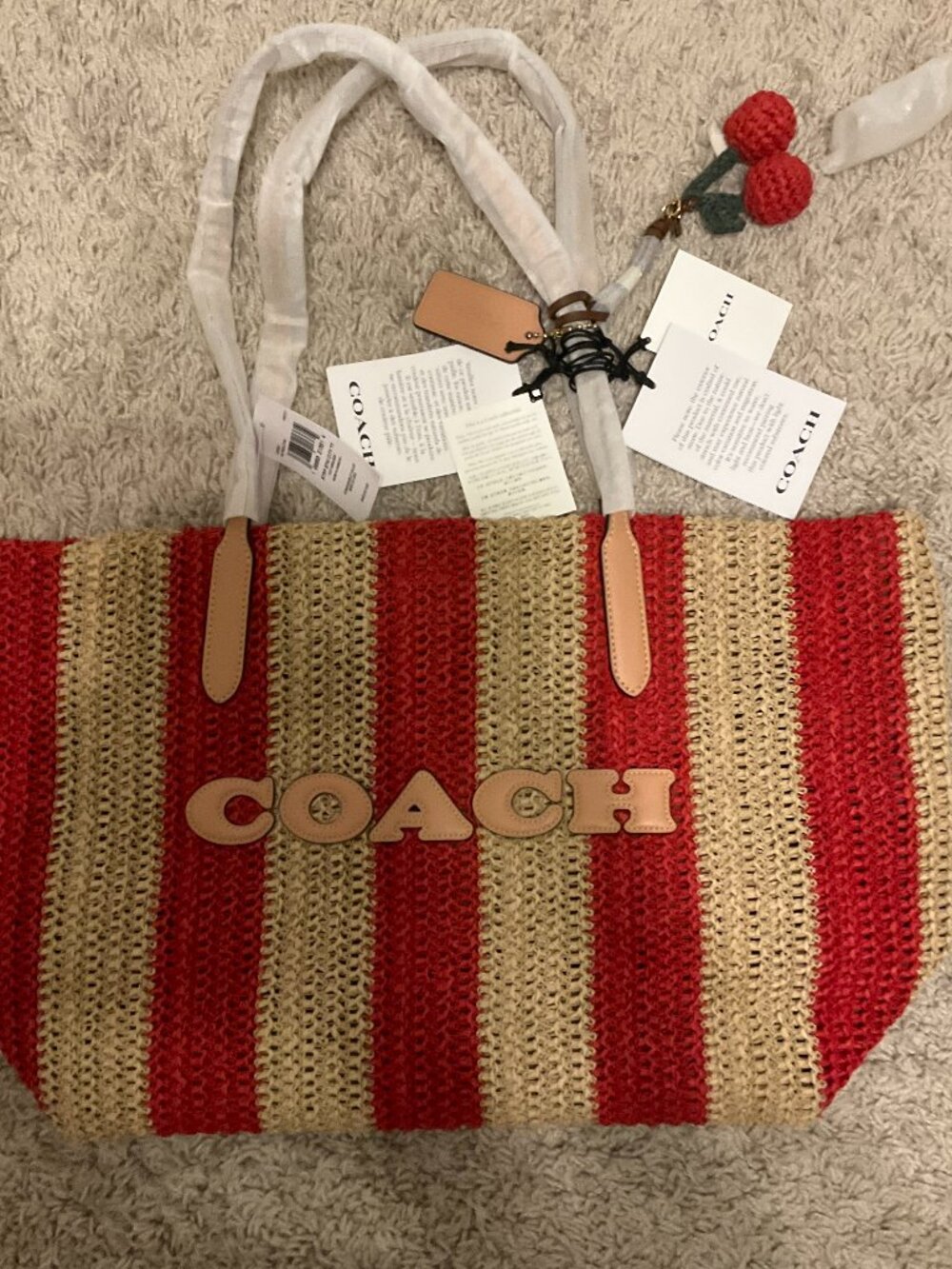 COACH city tote bag with stripes and charm. gold/red/tan. item # cer30.